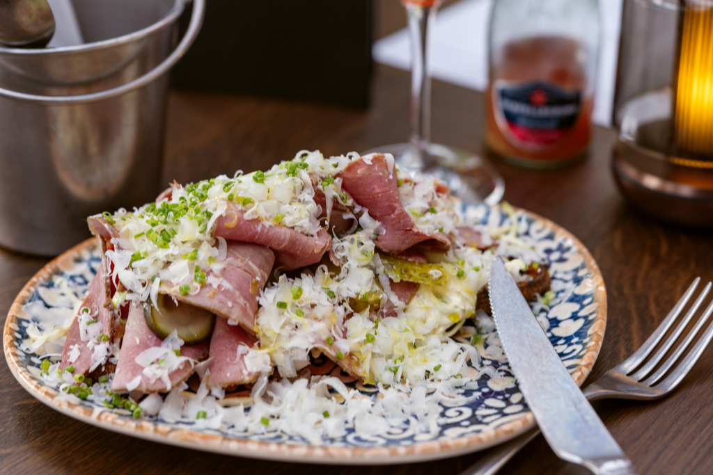 Pastrami open-topped sandwich at Phoenix Gastropub in the town square in Trondheim